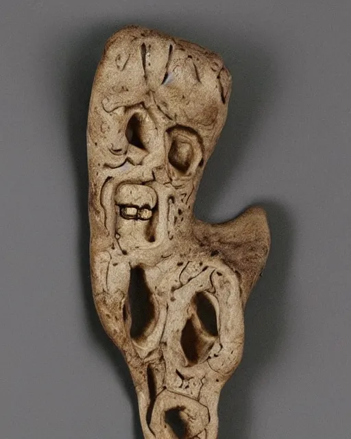 Prompt: a scapula incised with scores of small human faces with gaping mouths, dorset art, realistic, detailed, intricate