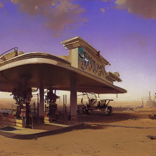 Prompt: painting of syd mead artlilery scifi gas station with ornate metal work lands on a farm, filigree ornaments, volumetric lights, purple sun, in yemen andreas achenbach