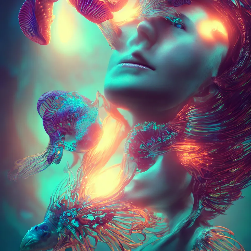 Image similar to goddess close-up portrait. orchid jellyfish phoenix head, nautilus, skull, betta fish, bioluminiscent creatures, intricate artwork by Tooth Wu and wlop and beeple. octane render, trending on artstation, greg rutkowski very coherent symmetrical artwork. cinematic, hyper realism, high detail, octane render, 8k