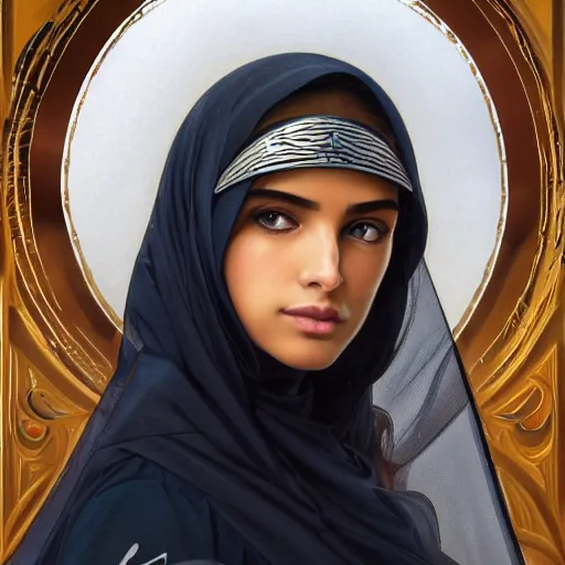 Image similar to modern tanned Ameera al-Taweel, blue eyes, wavy black hair, white veil, highly detailed, digital painting, artstation, concept art, smooth, sharp focus, illustration, ArtStation, art by artgerm and greg rutkowski and alphonse mucha and J. C. Leyendecker and Edmund Blair Leighton and Katsuhiro Otomo and Geof Darrow and Phil hale and Ashley wood and Ilya repin and Charlie Bowater