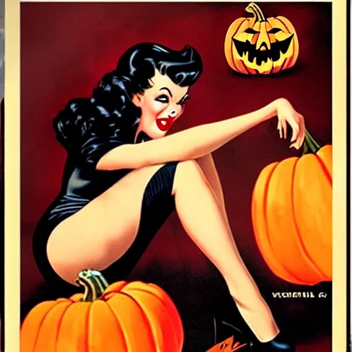 Prompt: a beautiful pinup vampire shopping for pumpkins, retro vintage pulp art movie poster,