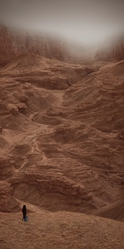Image similar to dream looking through a hyper realistic photograph of a barren dusty canyon, minimal structure, misty, raining, icelandic valley, small stream, in the style of reuben wu, roger deakins