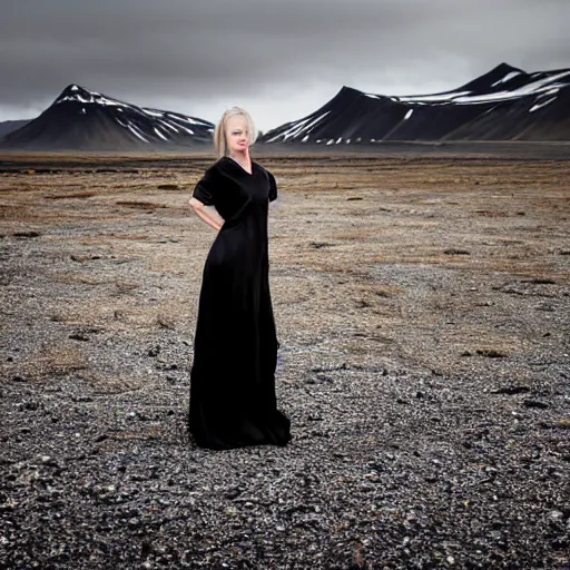 Image similar to ultra closeup portrait, comme des garcon black silk gown, iceland background, by lurie belegurschi and gunnar freyr