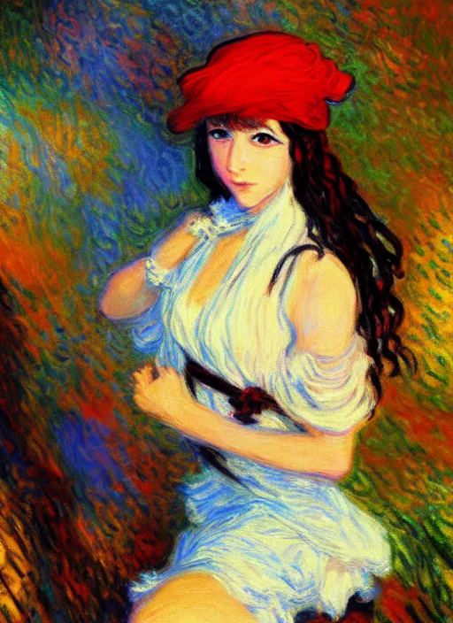 Image similar to a portrait of a female pirate, anime in impressionist style, trending artwork, 4 k, anime painter studio, by claude monet