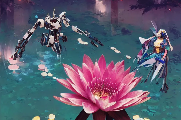 Image similar to flower headed combat mecha whose top half is shaped like a waterlily, bandai box art, behance hd artstation by jesper ejsing, rhads, makoto shinkai, lois van baarle, ilya kuvshinov, ossdraws, laurie greasley, victo ngai, andreas rocha, gundam box art