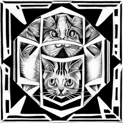 Image similar to drawing realistic stylized cats in the style of escher. symmetric. detailed. hd