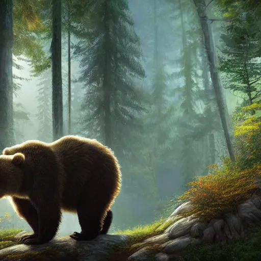 Image similar to a realistic fearful bear, beautiful, proportionate, atmosphere, vibe, forest, fern, flowers, concept art illustration, color page, tone mapping, james jean, andrei riabovitchev, marc simonetti, digital illustration, greg rutowski, volumetric lighting, sunbeams, particles