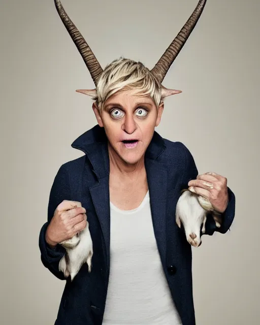 Image similar to angry ellen degeneres as a goat person, she looks like a demonic mythological satyr with yellow goat eyes with horizontal pupils, long goat like ears, and goat horns on her head, 8 k, photo shoot, 9 inch kershaw soft focus lens f / 5. 6 bokek