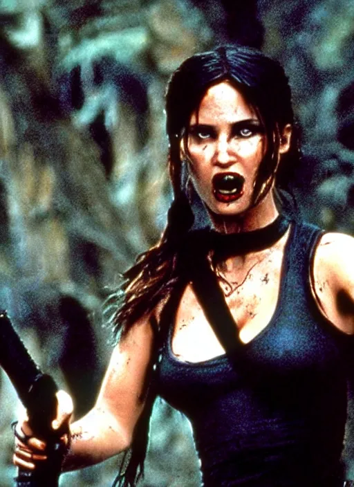 Prompt: candid photo of lara croft as a gothic vampire in the movie the lost boys