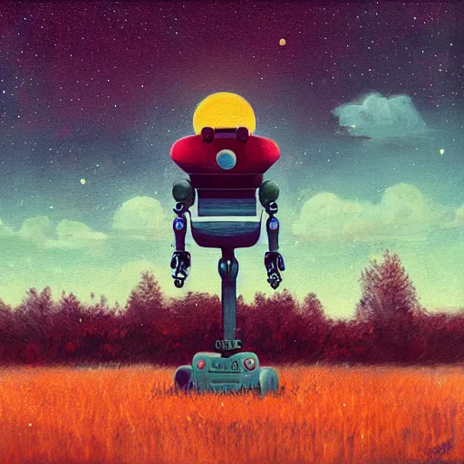 Image similar to robot under the tree surreal photography, dark night, stars, moon light, impressionist painting, clouds, digital painting, artstation, simon stalenhag