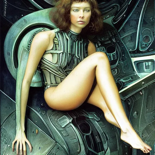 Image similar to epic masterpiece full body portrait a beautiful woman, with a beautiful face and flawless skin, lounging inside a spaceship designed by H.R. Giger, by Edgar Maxence and Ross Tran and Michael Whelan