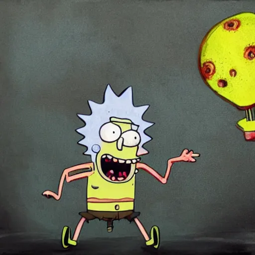 Prompt: grunge painting of spongebob with a wide smile and a red balloon rick and morty style, creepy lighting, horror theme, detailed, elegant, intricate, conceptual