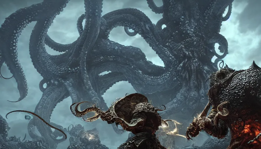 Image similar to Octopus monster, Dark Souls screenshot, boss fight, epic composition, grainy, gritty, concept art, 8K, highly detailed