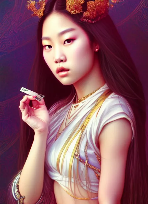 Prompt: jennie kim of blackpink, queen, tarot card, highly detailed, digital painting, smooth, sharp focus, illustration, ultra realistic, unreal engine, 8 k, art by artgerm and alphonse mucha