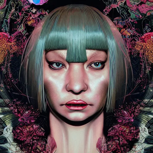 Image similar to portrait of crazy beautiful singer sia kate isobelle furler, ymmetrical, by yoichi hatakenaka, masamune shirow, josan gonzales and dan mumford, ayami kojima, takato yamamoto, barclay shaw, karol bak, yukito kishiro