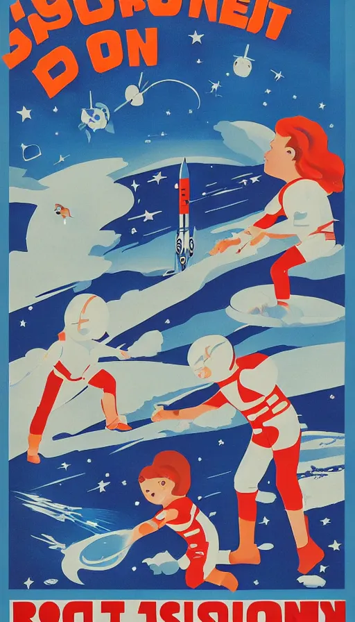 Prompt: retro propaganda poster for space exploration, rocket launching, small humans watching