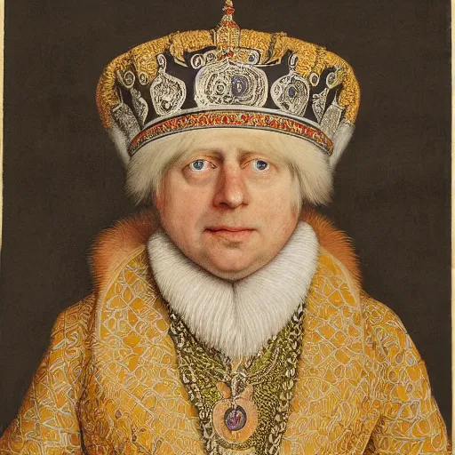 Image similar to Painting of the Ruler of the British Raj, the King Boris Johnson, painted by Hans Holbein, intricate, hyper-detailed, exhibited at the British Museum