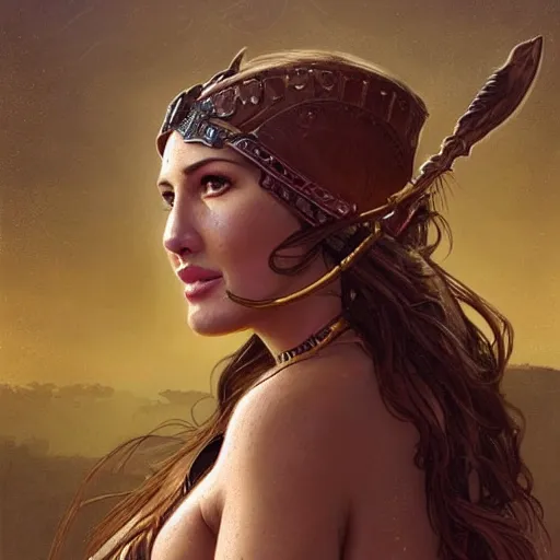 Prompt: portrait of Lucy Pinder as a warrior woman, looking at camera, D&D, intricate, elegant, stylish, cute smile, mouth slightly open, fantasy, extremely detailed, digital painting, artstation, concept art, smooth, sharp focus, illustration, stunning lighting, art by artgerm and greg rutkowski and alphonse mucha and simon stalenhag.