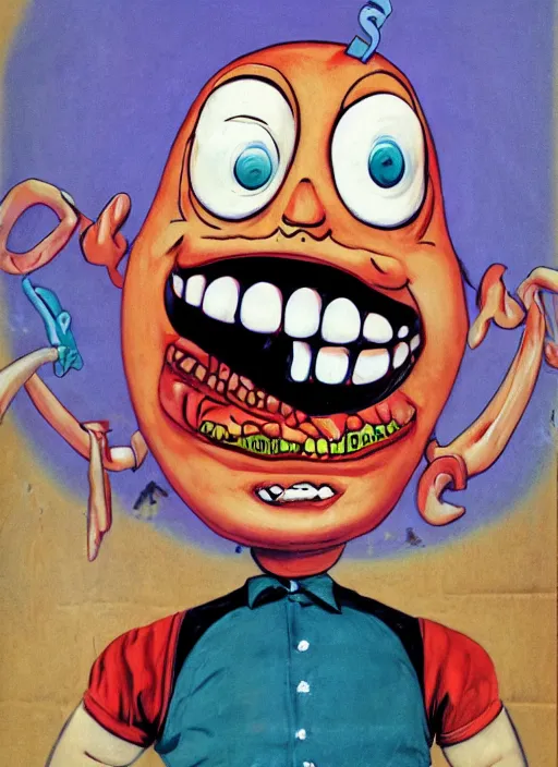 Prompt: a grotesque painting of a vocaloid caricature with a big dumb grin featured on Nickelodeon by jack davis