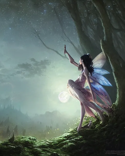 Image similar to attractive fairy goddness fly high in the night, d & d, fantasy, mist, full moon in background, trees, hyper detailed, art by artgerm and greg rutkowski and magali villeneuve, midium shot, 8 k realistic, cryengine, digital painting, trending on artstation, concept art, sharp focus, illustration,