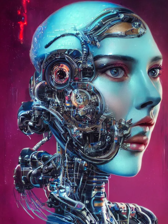 Image similar to art portrait of female cybernetic organism,8k,by tristan eaton,Stanley Artgermm,Tom Bagshaw,Greg Rutkowski,Carne Griffiths,trending on DeviantArt,face enhance,hyper detailed,minimalist,cybernetic, android, blade runner,full of colour,