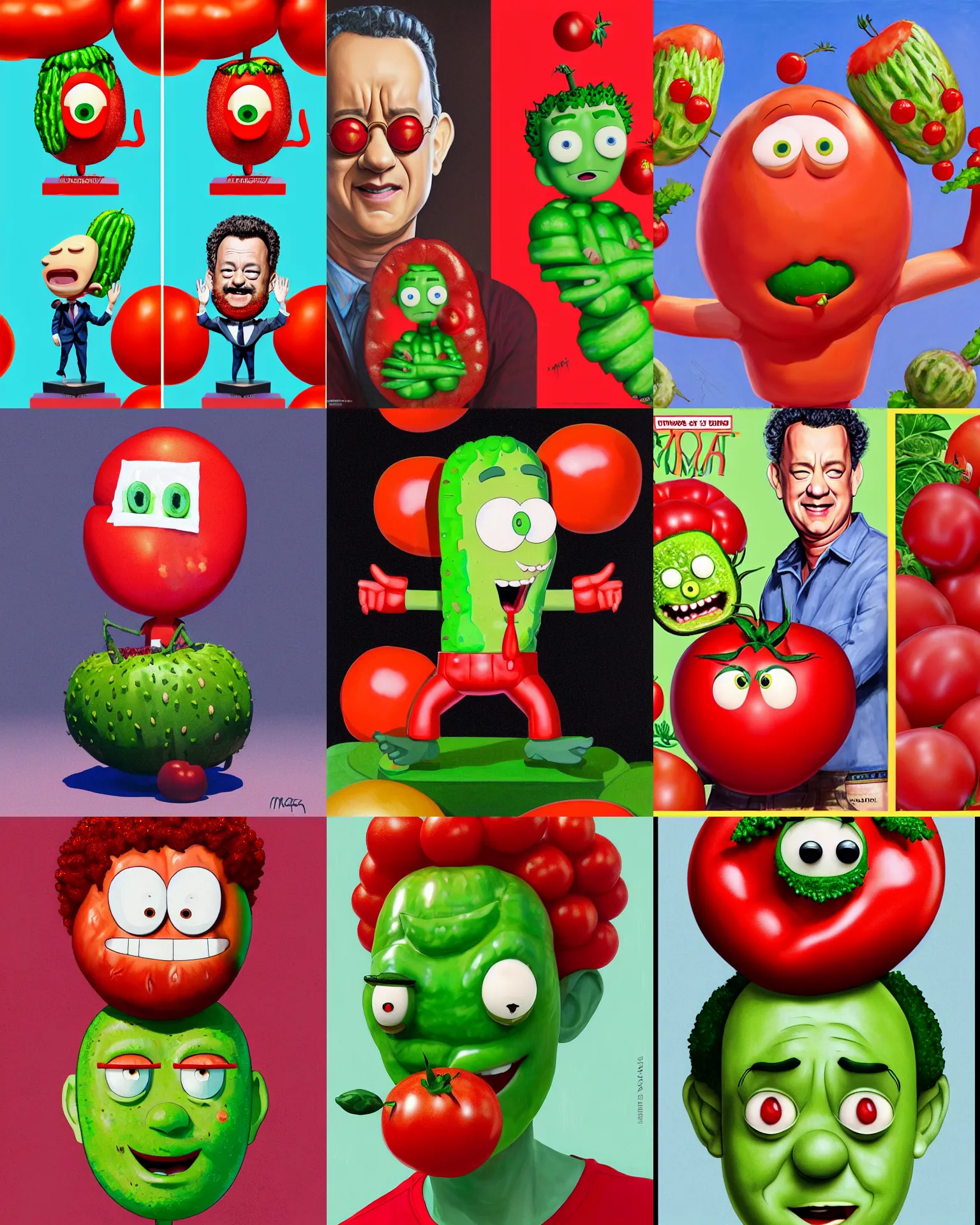 Prompt: tom hanks as tomato hanks mascot, his skin is red with green hair representing the stem, pickle rick, dramatic lighting, london fashion week, bedazzled fruit costumes, shaded lighting poster by magali villeneuve, artgerm, jeremy lipkin and michael garmash, rob rey and kentaro miura style, trending on art station