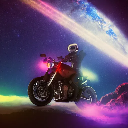 Prompt: high detail photo of a motorcycle without rider floating in space inside magic colorful glowing sparkling fog, starry sky, tranquil, desolate, atmospheric, hazy, autochrome, 8k, reflections, octane render, unreal engine 5