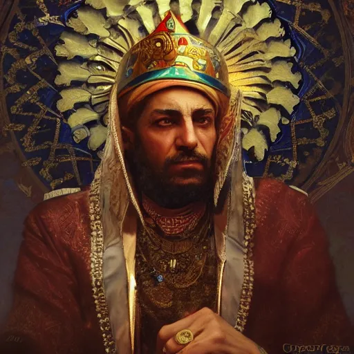 Prompt: the king of persia wearing a tin foil hat, sharp focus, illustration, art by greg rutkowski and alphonse mucha''