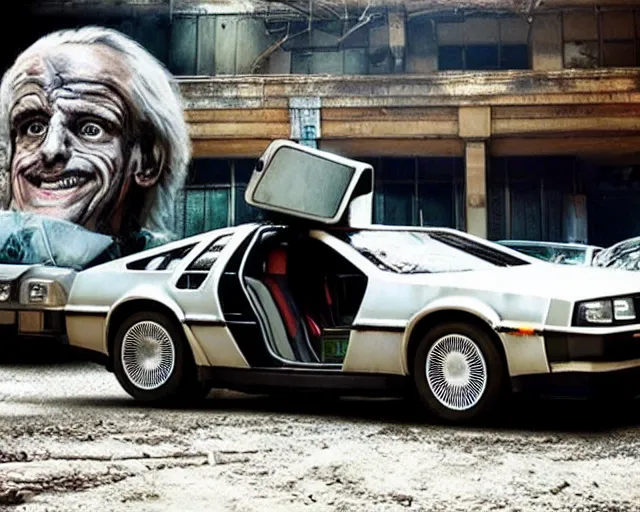 Image similar to doc brown and the delorean in an abandoned city, ghost in the shell vibes