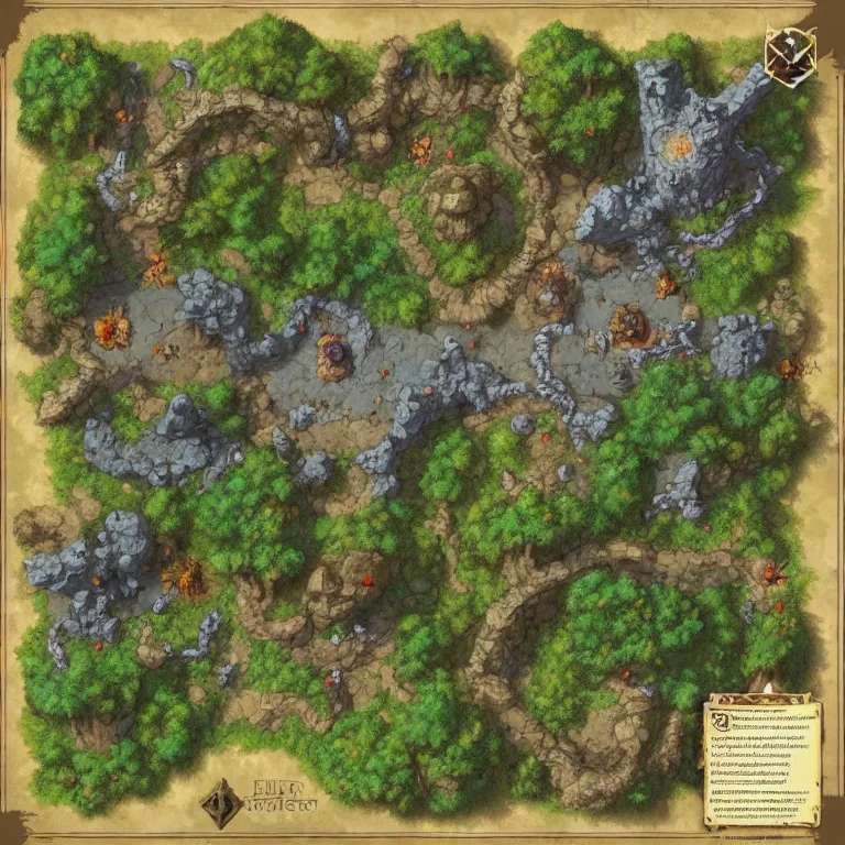 Prompt: full - color fantasy battle map of a woodland clearing, made with dungeon designer, made with dungeondraft, d & d, pathfinder, by jeff todd and greg rutkowski, trending on artstation, pinterest