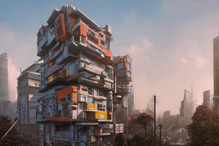 Prompt: cyberpunk, an estate agent listing photo, external view of a detached city house in the UK, London, sunny, by Paul Lehr, highly detailed, photorealistic, unreal engine, 8k, anamorphic, cinestill cinematrography