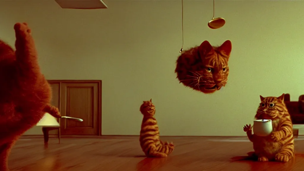 Image similar to a strange Garfield crawls on the living room ceiling holding a spoon, film still from the movie directed by Wes Anderson with art direction by Zdzisław Beksiński, wide lens