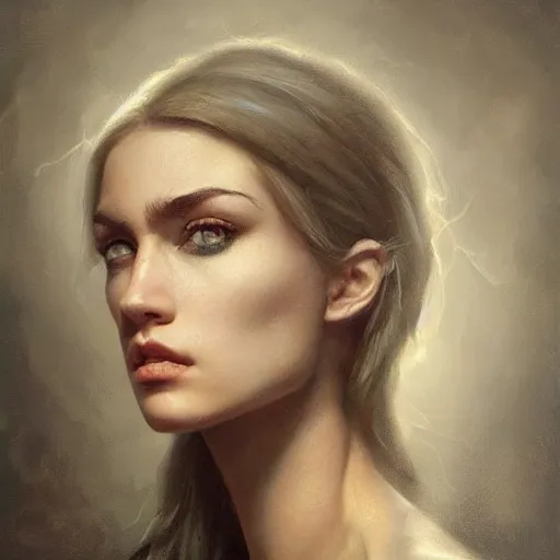 Image similar to painting of a very beautiful girl with muscles lifting weights, very beautiful face, pretty face, very detailed eyes by tom bagshaw, greg rutkowski, wlop