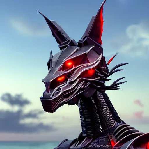 Prompt: chest up bust shot, realistic detailed stunning beautiful armored anthropomorphic humanoid female robot dragon, looking to the side, sleek streamlined armor and design made of steel, sharp claws and sharp teeth, Slick LEDs, standing on two legs, on the beach during sunset, high quality, cinematic art, sunset lighting, 3D render, 8k, artstation, deviantart, furaffinity