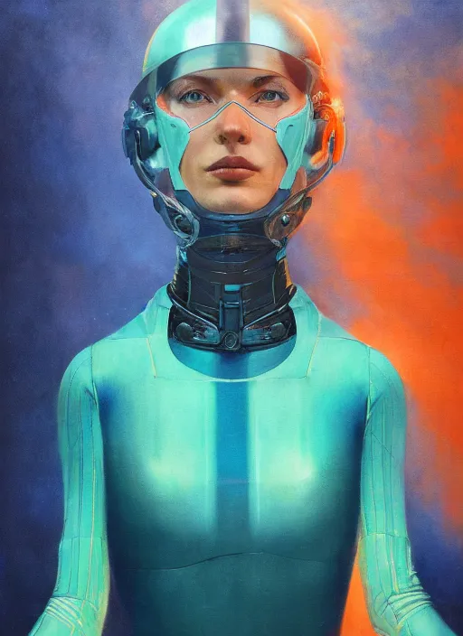 Image similar to symmetry!!! closeup portrait! of a racer girl, cyborg jumpsuit, in clouds, cinematic light, windy, teal orange, by gerald brom, by mikhail vrubel, by peter elson, muted colors, extreme detail, trending on artstation, 8 k
