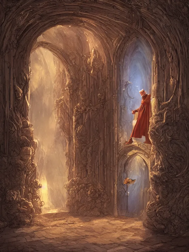 Image similar to an old wizard holding a book stands in front of an elaborate arched wooden door. stone steps lead up to the door. by mike allred and moebius and karol bak sharp digital painting. dreaming latent space. matte painting, concept art. artstation. digital render. realistic, 8 k