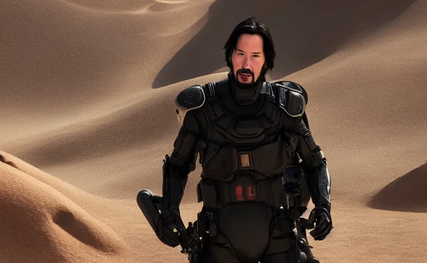 Image similar to Keanu Reeves! in Dune 2021, Cinematic Lighting, Movie Screenshot, Still, 4k, Movie Scene