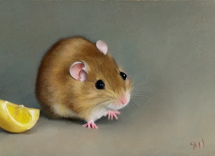 Image similar to a highly detailed beautiful portrait of a cute little hamster eating lemon, by gregory manchess, james gurney, james jean