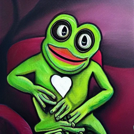 Image similar to depressed pepe the frog, oil painting, baroque style, high quality, 4 k