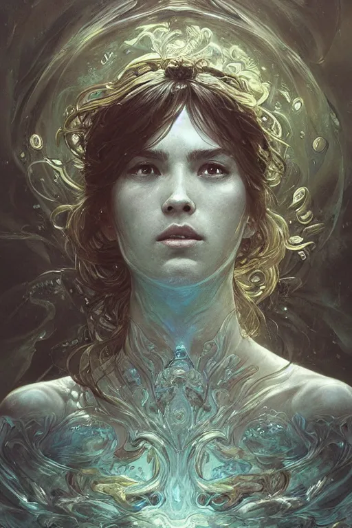 Prompt: hyperdetailed underwater portrait of a water spirit in a robe. by greg rutkowski, highly detailed, digital painting, artstation, smooth, sharp focus illustration, artstation hq. intricate, elegant. art by wlop and artgerm and greg rutkowski, alphonse mucha, medium shot. dan mumford, tomokazu matsuyama, takato yamamoto