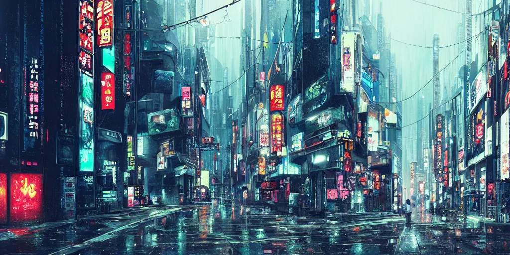 Image similar to Cyberpunk street on a rainy day in Japan, low angle view, detailed matte painting, cinematic, Moebius, Artstation