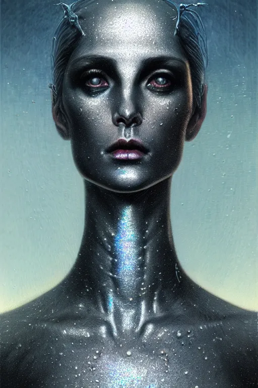 Prompt: head up!! pearlescent black lilith! the primordial mother of all monsters!! stares into the sky, covered in iridescent glitter!!, raining ash, fine art masterpiece, highly detailed dino valls wayne barlowe machiej kuciara, dramatic lighting, medium shot, side angle, uhd 8 k, sharp focus