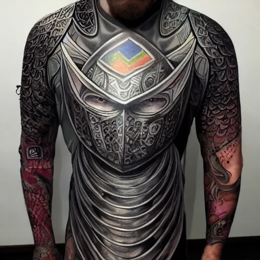 Image similar to A german knight in armor designed by alex grey, tattoo, tattoo art, Black and grey tattoo style