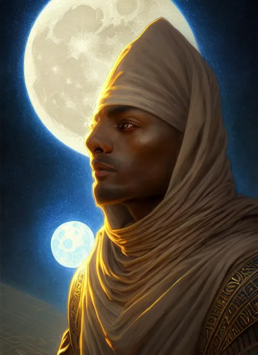 Image similar to close up portrait of noble khonsu under moonlight, egyptian symbolism, masculine, hooded african man wrapped in linen by artgerm, cushart krenz, greg rutkowski, mucha. art nouveau. gloomhaven, swirly lunar ripples, pale colors, sharp edges. ultra clear detailed. 8 k. elegant, intricate, octane render