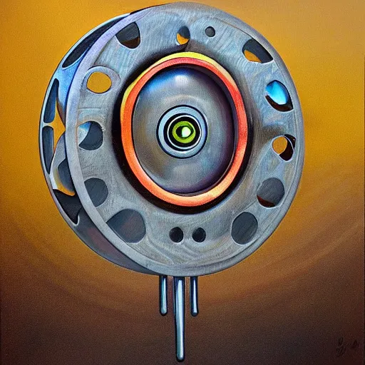Prompt: gyroscopic rings with human eyes! embedded in them, biomechanical!, gears, background of light rays, god rays, realistic, photography, realist art painting,