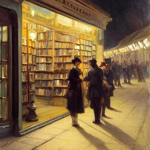 Prompt: Solomon Joseph Solomon and Richard Schmid and Jeremy Lipking victorian genre painting painting of an english 19th century english bookshop store front on a stone city streat with shops and stores at night with cozy lights