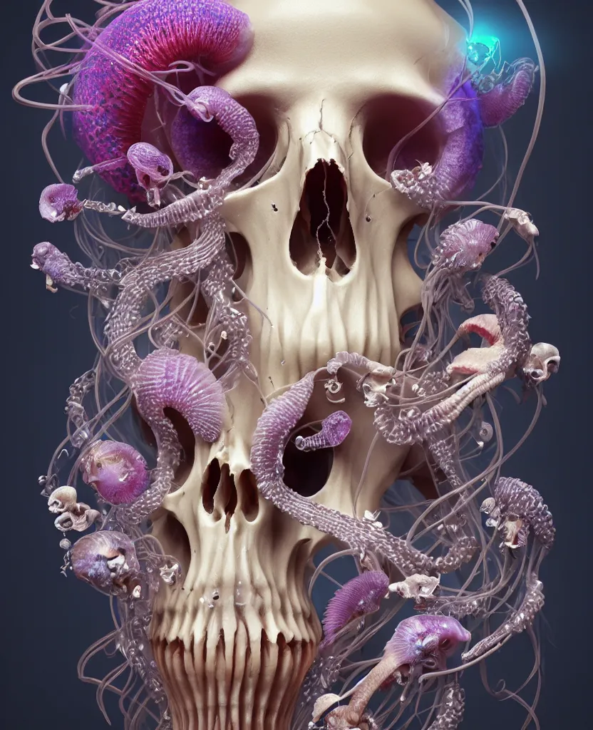 Image similar to goddess close-up portrait animal skull. jellyfish phoenix head, nautilus, orchid, skull, betta fish, bioluminiscent creatures, intricate artwork by Tooth Wu and wlop and beeple. octane render, trending on artstation, greg rutkowski very coherent symmetrical artwork. cinematic, hyper realism, high detail, octane render, 8k