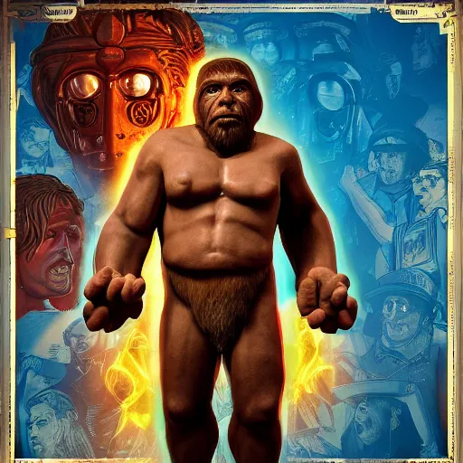 Image similar to saint homo neanderthalis portrait poster with book of science on his right hand, gta chinatown wars art style, bioshock infinite art style, hyperrealistic, rgba colors, remove duplicate content, justify contents center.