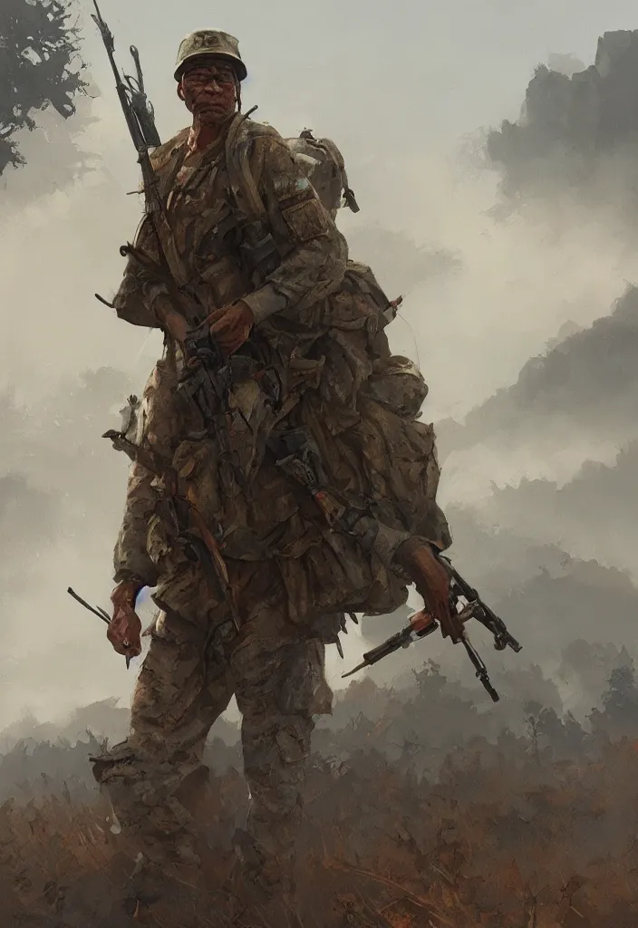 Prompt: character portrait of a vietnam war american soldier in a thematic landscape, backwards, in the style of greg rutkowski, darek zabrocki, marcin rubinkowski, lorenzo lanfranconi, oleg zherebin, karlkka, trending on artstation