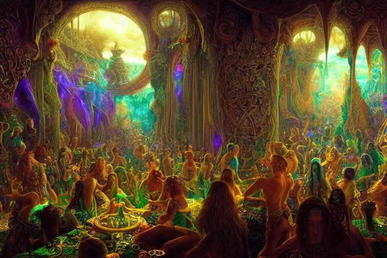 Prompt: a beautiful and highly detailed digital painting of a a psytrance party in another dimension, psychedelic, celtic, intricate details, epic scale, insanely complex, 8 k, sharp focus, photorealism, artstation, cgsociety, by caspar friedrich, albert bierstadt, james gurney, brian froud,